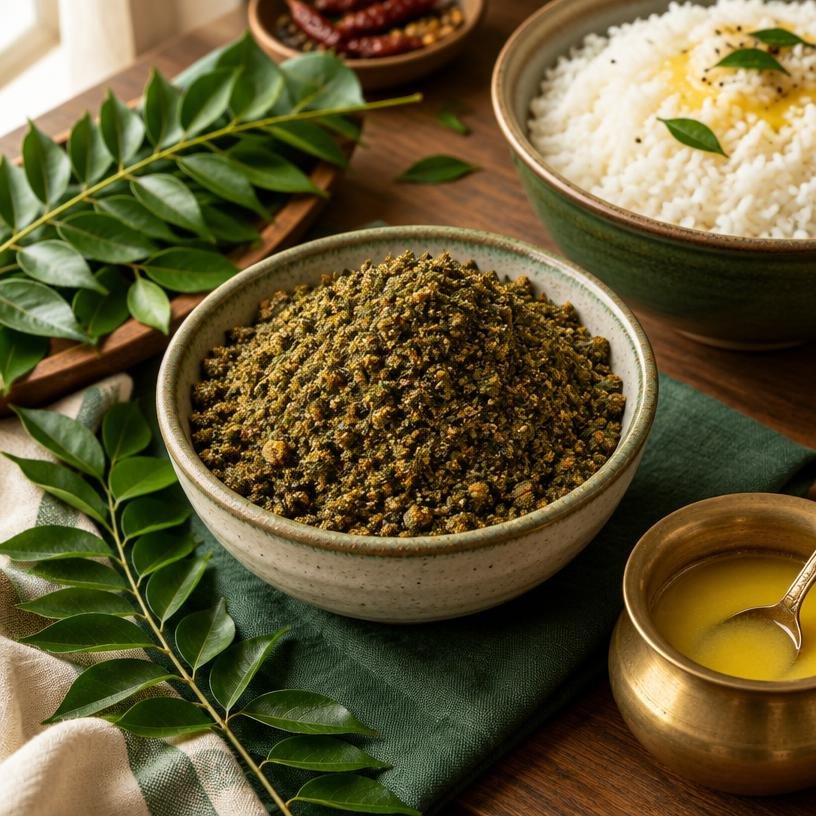 Curry Leaf Rice Podi served in a bowl with its ingredients