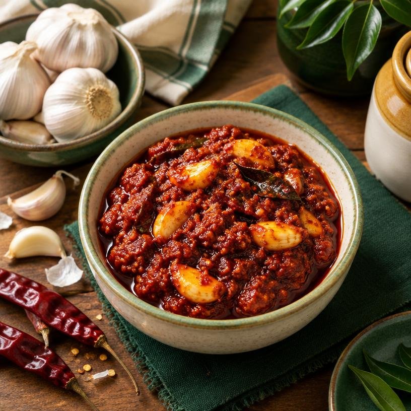Garlic Thokku served in a bowl with its ingredients