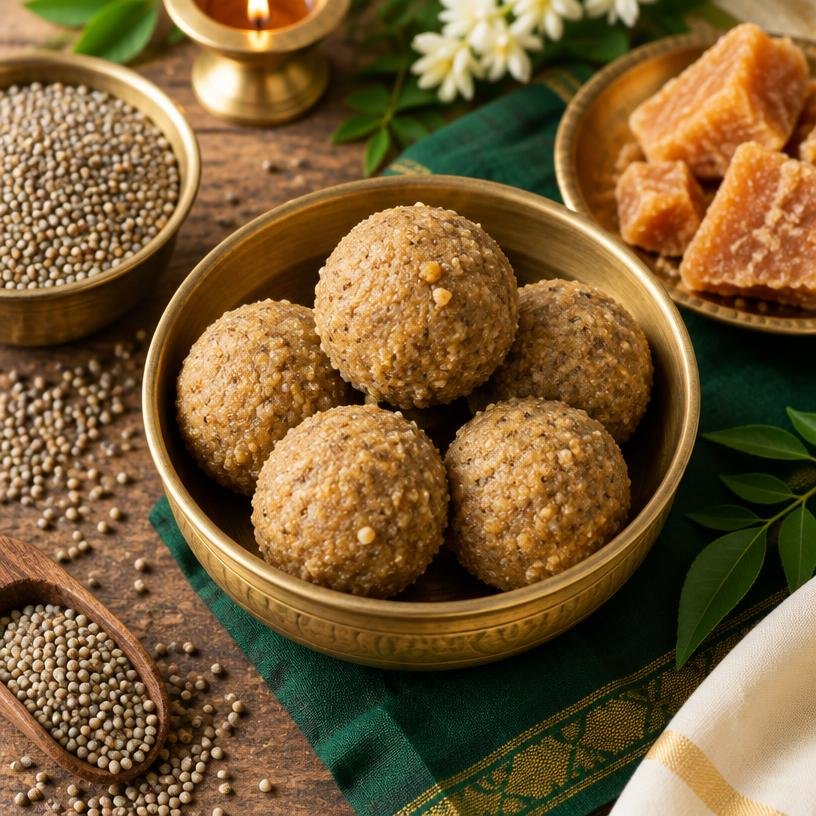 Kambu Ladoo served in a bowl with its ingredients