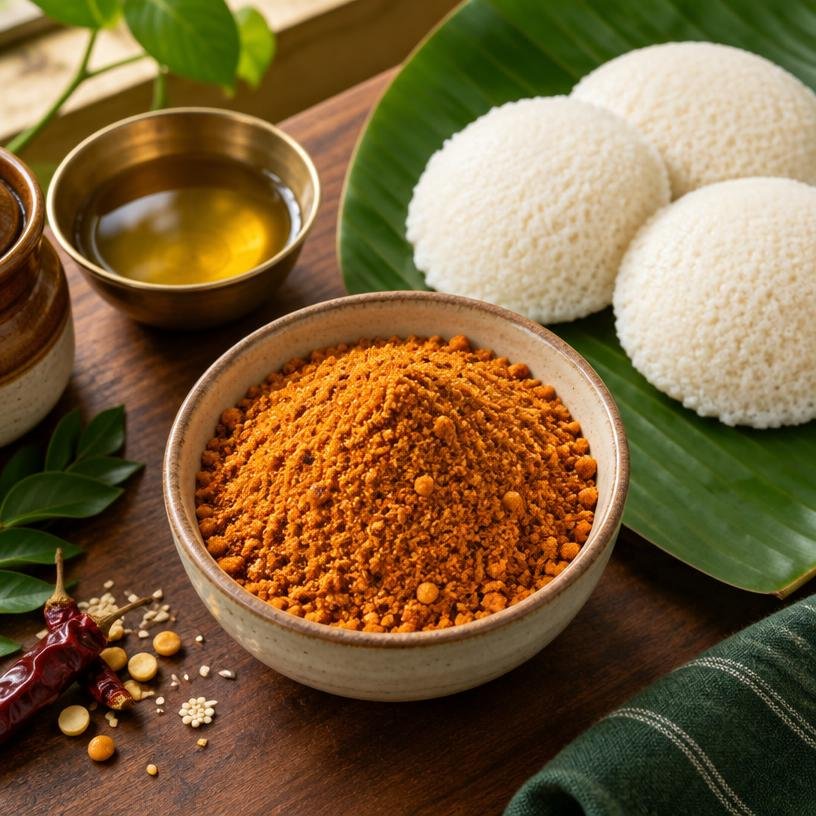 Sambar Powder 100gm served in a bowl with its ingredients