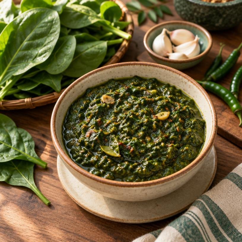Palak Thokku served in a bowl with its ingredients