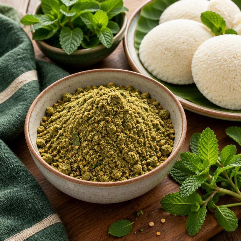 Pudhina Idly Podi 100gm served in a bowl with its ingredients