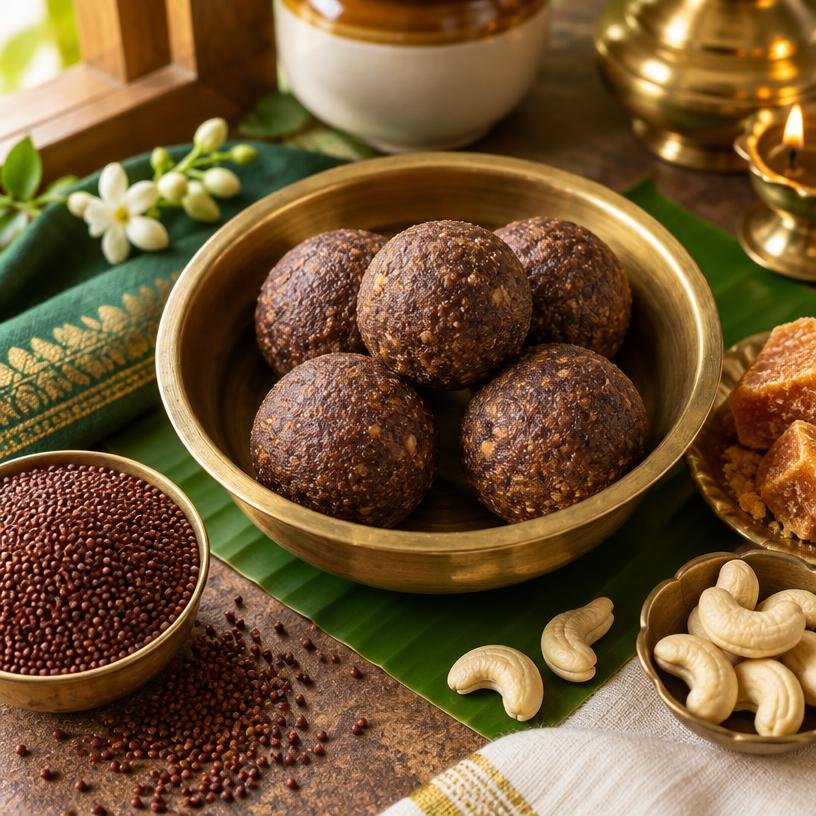 Ragi Ladoo served in a bowl with its ingredients