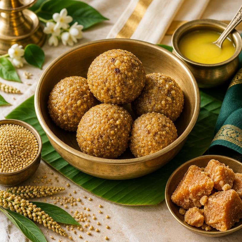 Thinai Ladoo served in a bowl with its ingredients