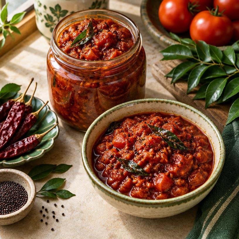 Tomato Thokku served in a bowl with its ingredients